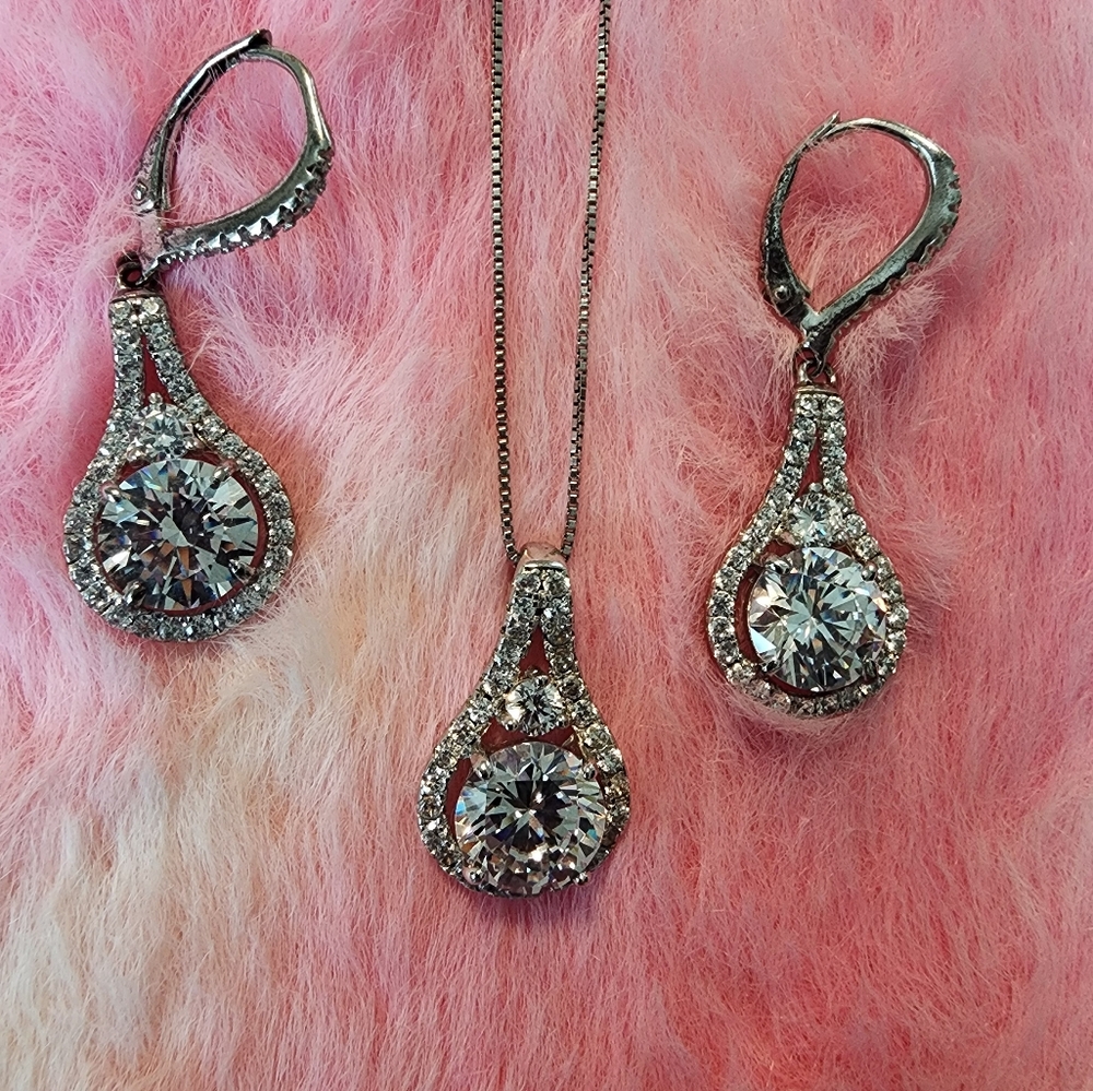 NWOT Sterling Silver CZ Necklace and leverback drop earrings